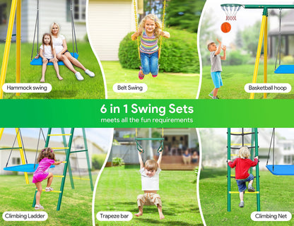 Osoeri Swing Sets for Backyard, 6 in 1 Swing Sets,Heavy-Duty Metal Swing Sets for Backyard with 2 Swings, Climbing Ladder and Nets,Trapeze Bar and Basketball Hoop