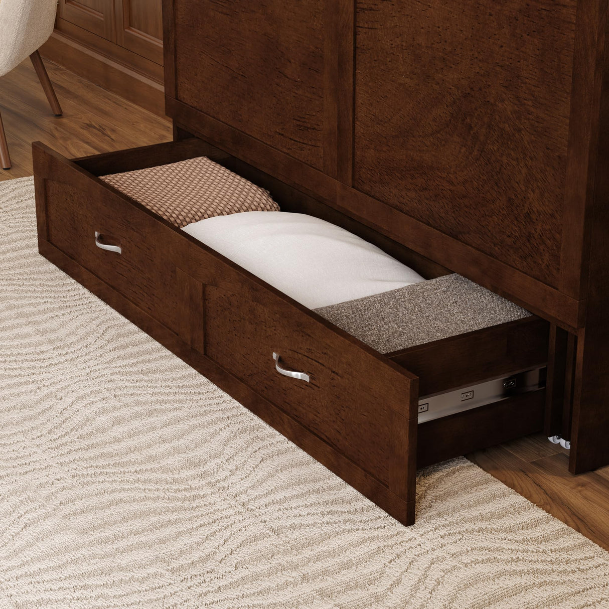 AFI, Marion Queen Wood Murphy Bed Chest with 6" Mattress, Storage Drawer, & Built-in Charger, Walnut AFI