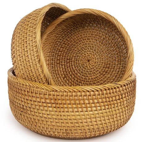 CLAYNIX Woven Fruit Basket For Holder Bowl Decorative Bread Vegetable, Serving Bowl Set of 3 For Organizing Kitchen Natural Rattan Picnic Basket Round Stackable (Natural) CLAYNIX