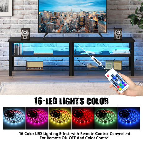 Clikuutory Modern Black 71 inch Metal TV Stand with LED Lights and Power Outlets for 50 60 65 70 75 80 Inch TVs, 3 Tier Television Stands with Entertainment Center and Storage for Living Room, Bedroom Clikuutory