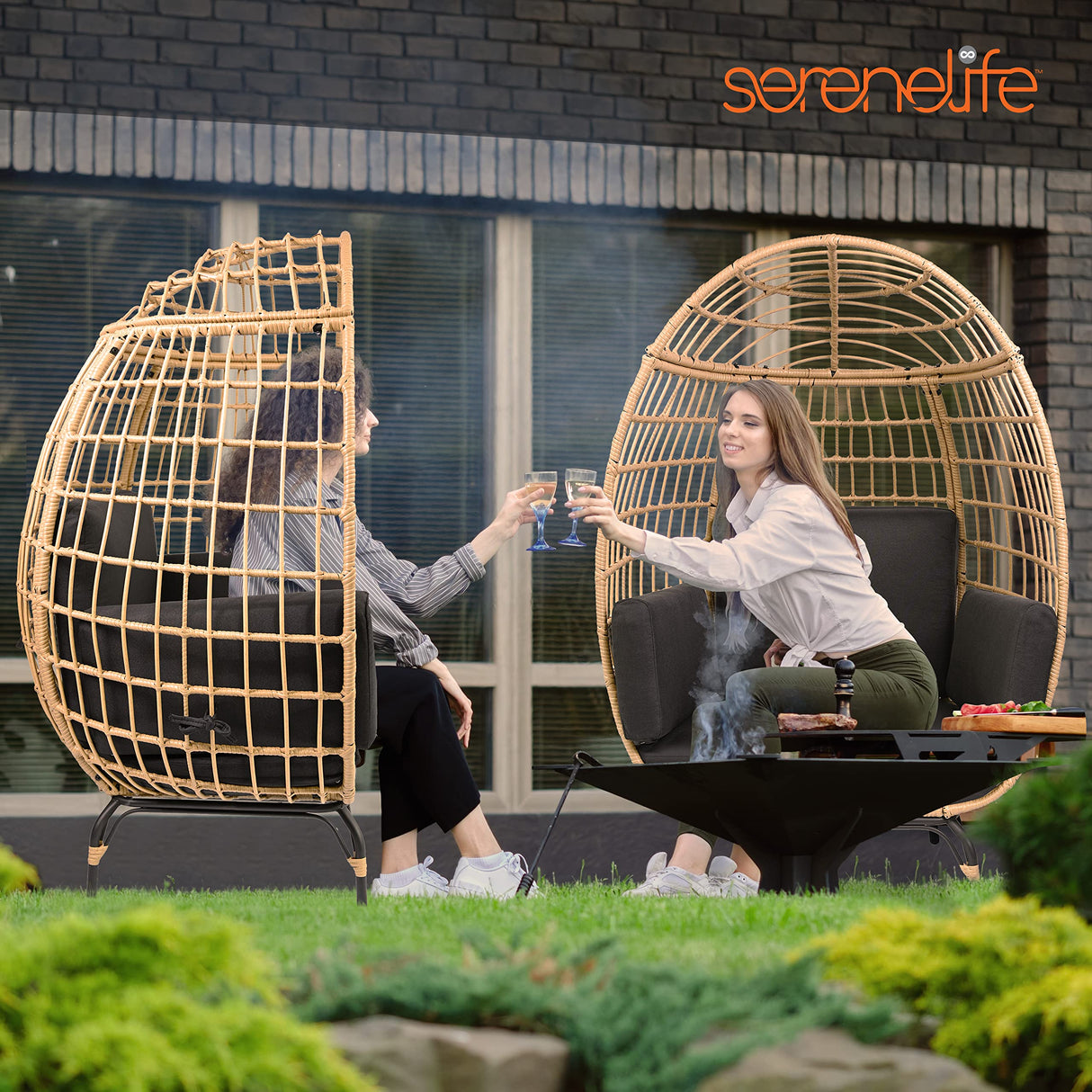 SereneLife Black Wicker Rattan Egg Chair for Indoor and Outdoor Use - Comfy Sofa Chair with 4 Washable Cushions, Durable Powder-Coated Steel Frame, Stylish Ribbed Back, Supports up to 440lbs SereneLife