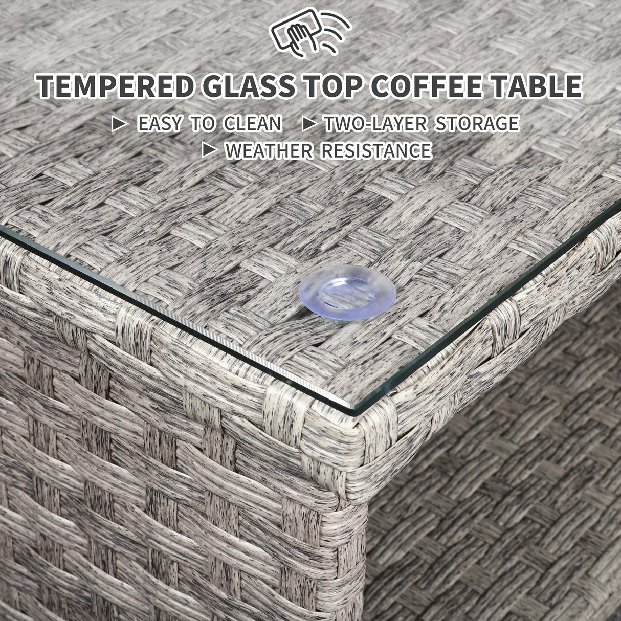 WAROOM Outdoor PE Wicker Coffee Table - Patio Rattan Garden Side End Tea Table with Glass Top Furniture, Grey WAROOM