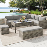 YITAHOME Patio Wicker Furniture Set, Outdoor Sectional Sofa with Stools and Lift-Top Coffee Table 6-Piece, All-Weather Conversation Set for Garden, Backyard, Grey YITAHOME