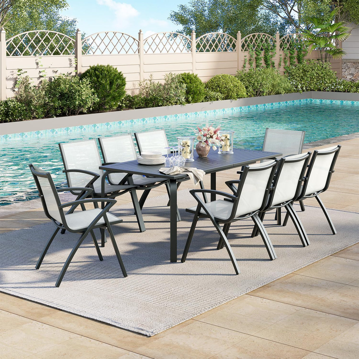 SLEKVERSA 9 Piece Outdoor Patio Dining Set with Umbrella Hole, Outdoor Dining Set with 71" Aluminum Table & Aluminum Sling Back Chair, Outdoor Patio Furniture Sets for 8 People (9 Piece) SLEKVERSA