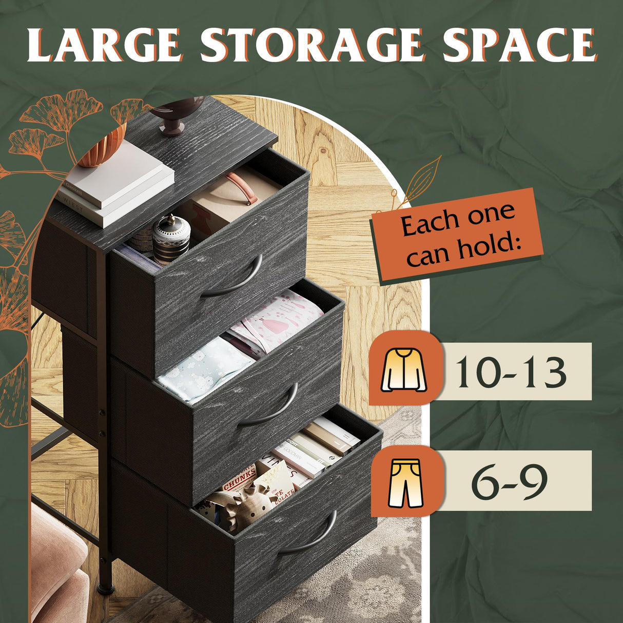 WLIVE Nightstand with 3 Drawers, Fabric Dresser, Organizer Unit, Storage Dresser for Bedroom, Hallway, Entryway, Closets, Steel Frame, Wood Top, Easy Pull Handle, Charcoal Black Wood Grain Print WLIVE