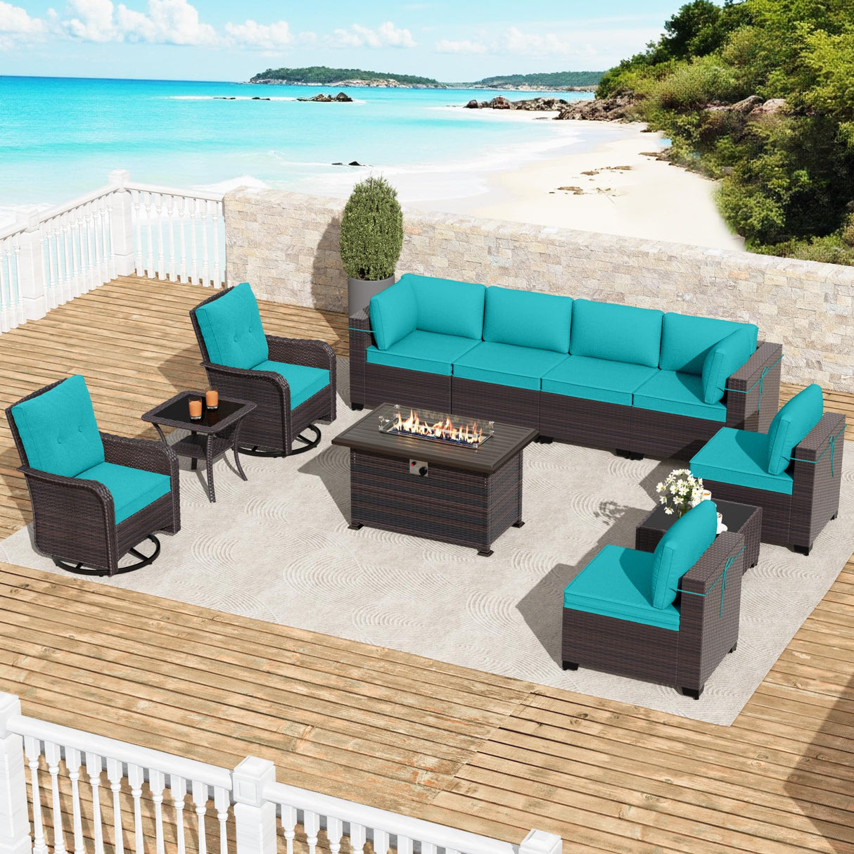 Gotland 11 Pieces Outdoor Patio Furniture Set with 2 Swivel Rocking Chairs&55,000 BTU Gas Fire Pit Table w/Glass Wind Guard Patio Conversation Sectional Sofa Sets-Blue Gotland