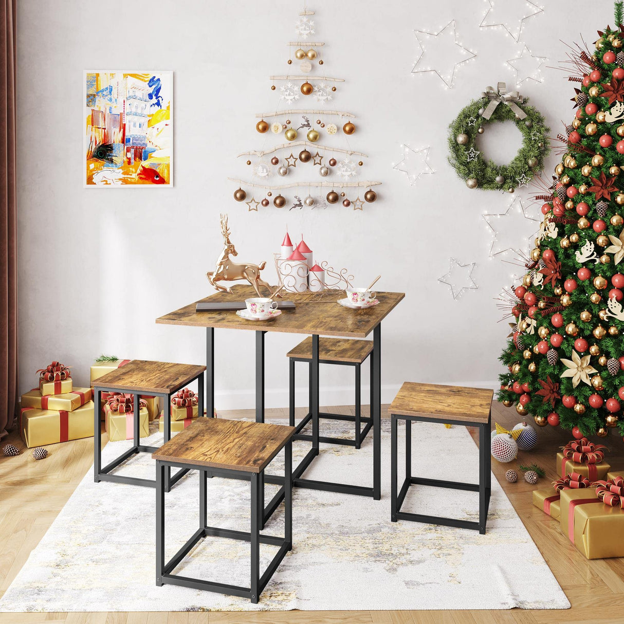 Yaheetech 5 Piece Dining Table & Chair Set - Compact Dining Table Sets Small Kitchen Table with 4 Stools for Dining Room Small Space -Rustic Brown Yaheetech