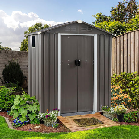 Shintenchi 5x3 FT Outdoor Storage Shed with Window, Lockable Outdoor Waterproof Tool Storage Sheds, Weather Resistant Tool Storage House Shed for Garden, Backyard, Patio Utility and Tool Storage, Gray Shintenchi