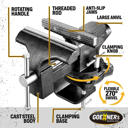 Bench Vise 6", Vice for Workbench with Heavy Duty Forged Steel Construction, Built-in Pipe Jaw and Swivel Base, Table Vise for Woodworking, Home Workshop Use and DIY Job - WoodArtSupply