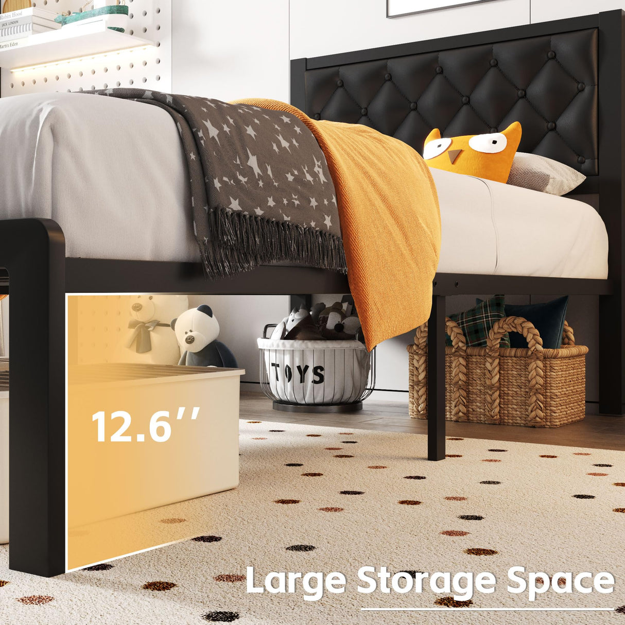 Fluest Twin Bed Frame with Headboard PU Leather Upholstered Bed Frame Platform,All Metal Slats Support Platform Bed Frame with Storage Space,Easy Assembly,Noise Free,No Box Spring Needed,Black Fluest