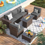 VONZOY Patio Furniture Set with Fire Pit Table, 7 Piece Outdoor Sectional Conversation Sets Wicker Rattan Sectional Sofa with Coffee Table for Patio Garden Backyard, 4'' Thickened Cushion Dark Grey VONZOY