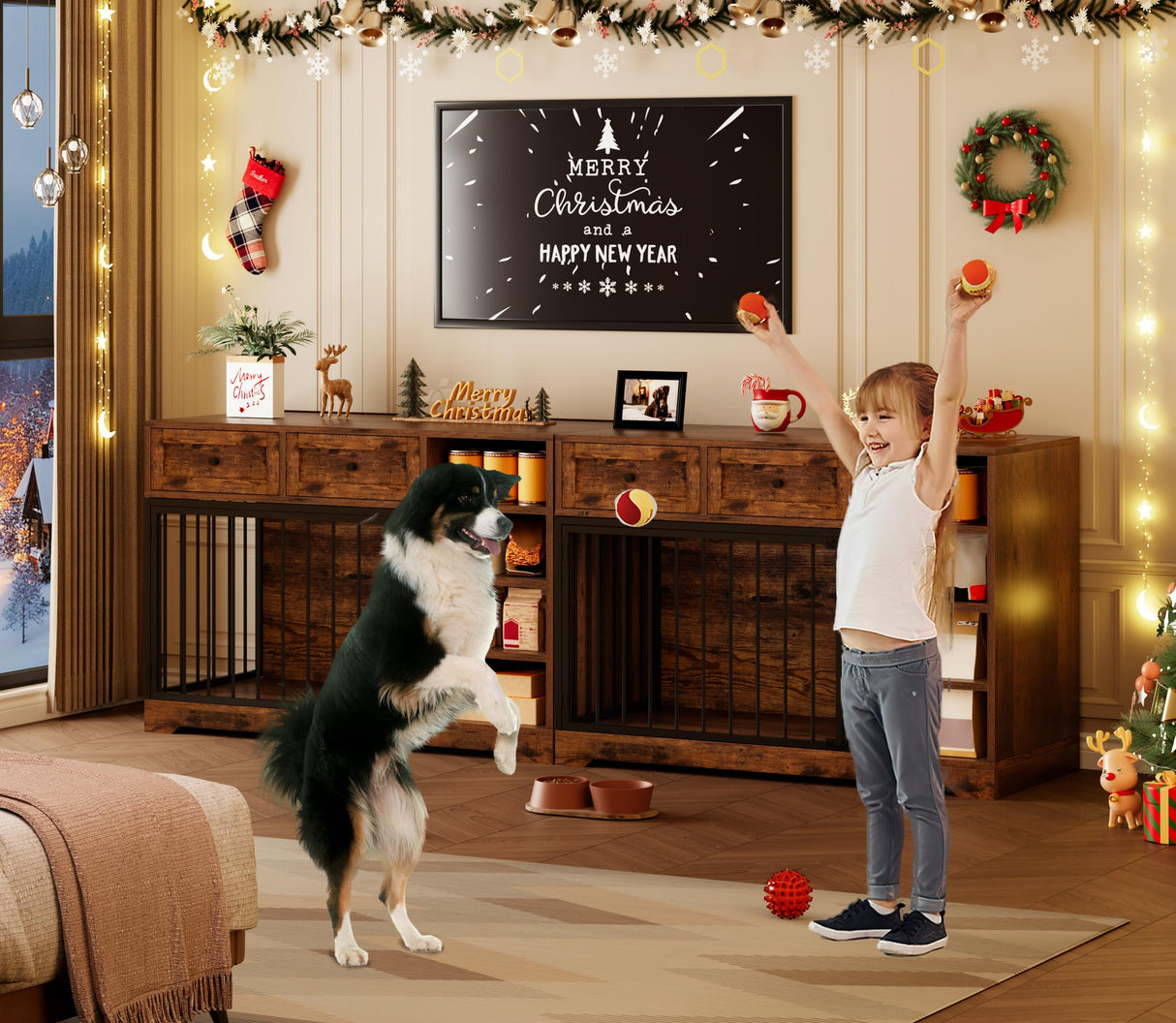 IDEALHOUSE 47” Large Dog Crate, Dog Kennel Indoor with 2 Drawers and 4 Shelves, Dog Crate Furniture TV Stand, Wooden Dog Cage for Medium Large Dogs, Brown IDEALHOUSE