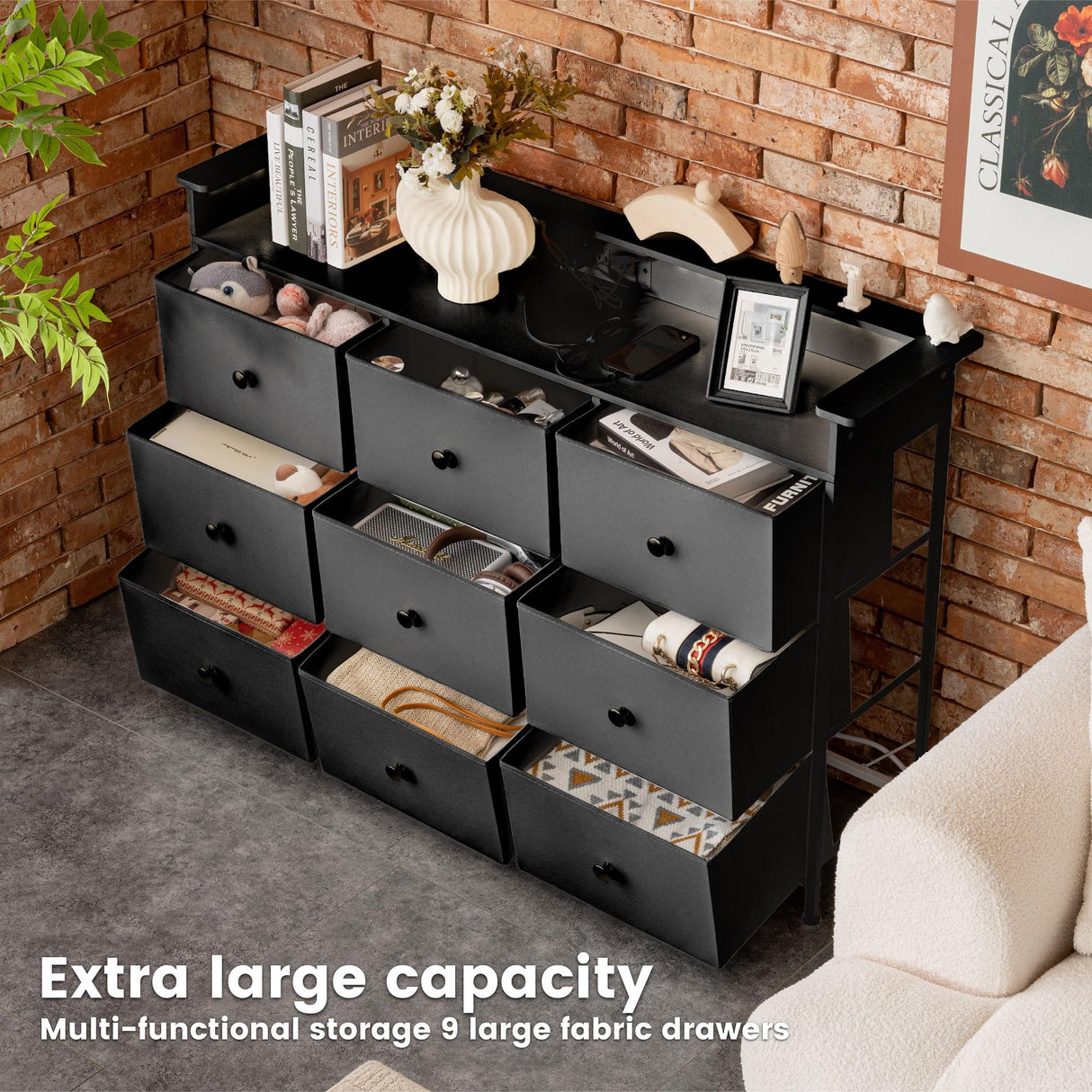 XCHAA Black Dresser with LED Lights and Power Outlet, 9 Drawers Fabric Dresser for Bedroom, Chest of Drawers for Closet, Entryway, Dressing Room, Living Room 49.6" Wide XCHAA
