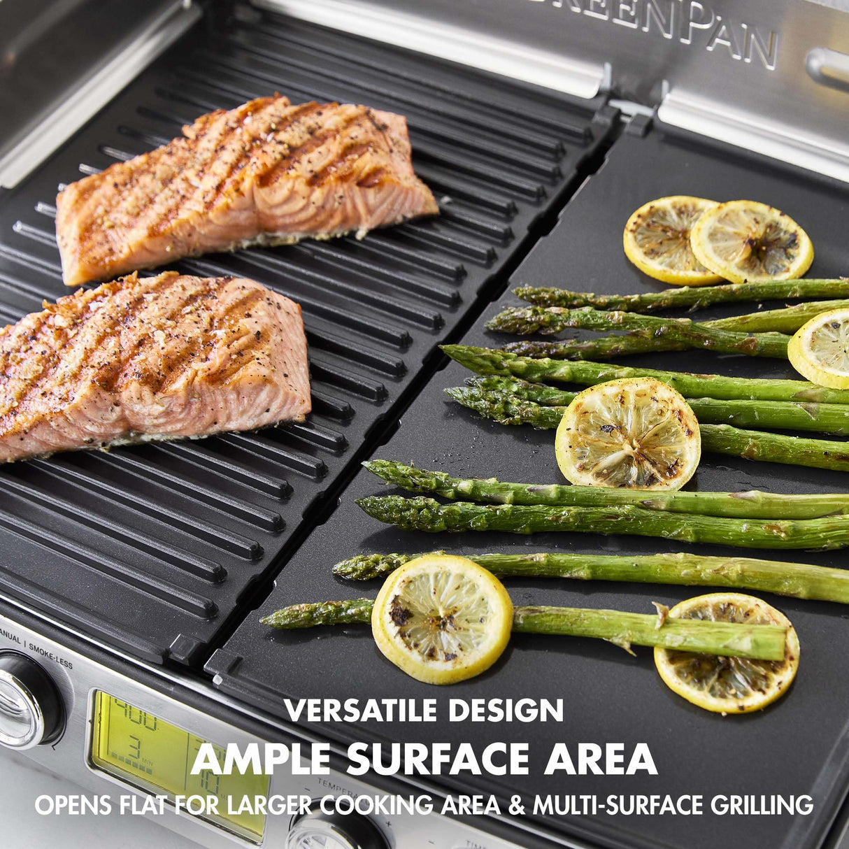 GreenPan Elite XL Smoke-less Grill and Griddle, Healthy Ceramic Nonstick Interchangeable/Removeable Cast Aluminum Plates, Indoor BBQ Sear Sizzle, LCD Display, Splash Guard, Drip Tray, PFAS-Free, Black GreenPan