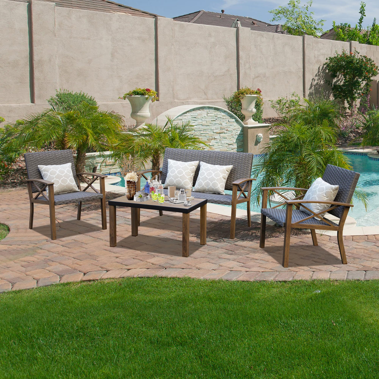 Domi Aluminum Patio Furniture Set, 4-Piece Modern Conversation Set with Cotton Padding Backrests and Seats, Outdoor Sectional Metal Sofa Set with 5.5 Inch Cushion and Coffee Table for Balcony, Garden domi outdoor living