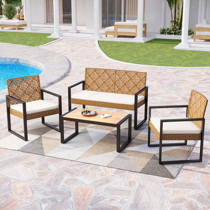 PHI VILLA Wicker Patio Furniture Set for 4, Rattan Loveseat & Chairs with Beige Cushions & Acacia Wood Coffee Table, Outdoor Modern Sectional Conversation Sofa Set for Deck, Yard, Porch - WoodArtSupply