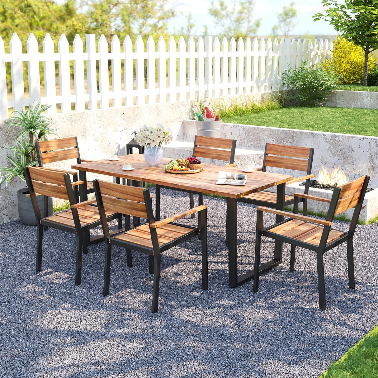 HAPPYGRILL 7 Pieces Acacia Wood Patio Dining Set with Metal Frame, Space-Saving Outdoor Furniture Set with 6 Stackable Armchairs and 69” Rectangular Table with 2” Umbrella Hole for Garden, Deck, Yard HAPPYGRILL