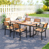 HAPPYGRILL 7 Pieces Acacia Wood Patio Dining Set with Metal Frame, Space-Saving Outdoor Furniture Set with 6 Stackable Armchairs and 69” Rectangular Table with 2” Umbrella Hole for Garden, Deck, Yard HAPPYGRILL
