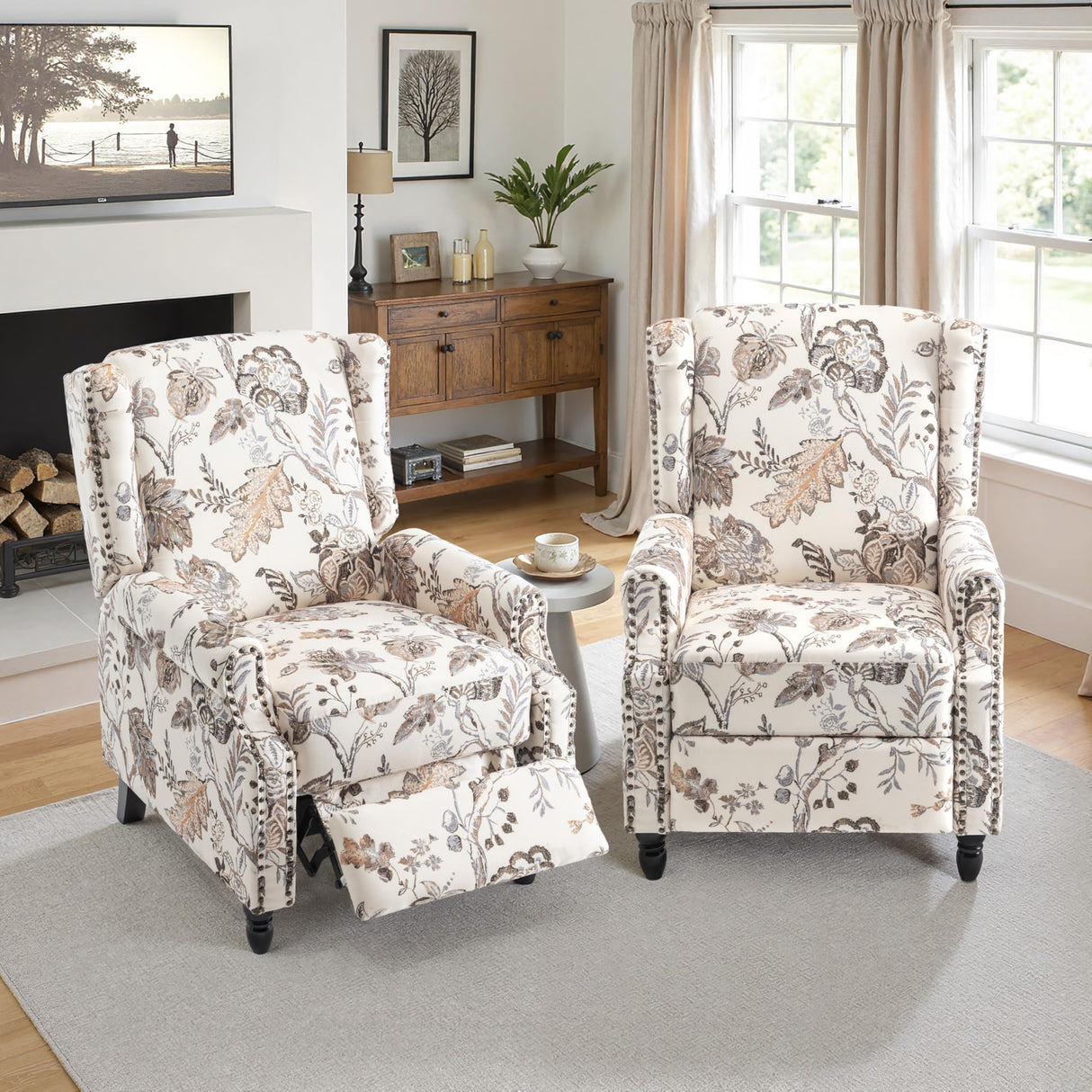 Pushback Recliner Chair Set of 2, Floral Fabric Wingback Recliner Chair, Upholstered Armchair Push Back Recliner, Rivet Trim Single Sofa Accent Chair with Wood Legs for Living Room, Plants Beige Lumibee
