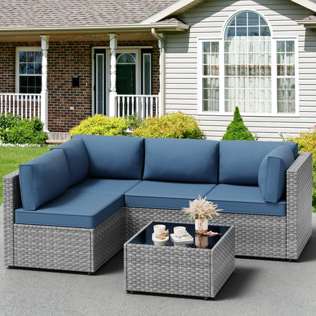 JAMFLY 5 Piece Outdoor Patio Furniture Set, PE Rattan Conversation Sofa Set with Thick Cushions & Glass Top Coffee Table, All-Weather Outside Furniture for Garden, Porch, Aegean Blue JAMFLY