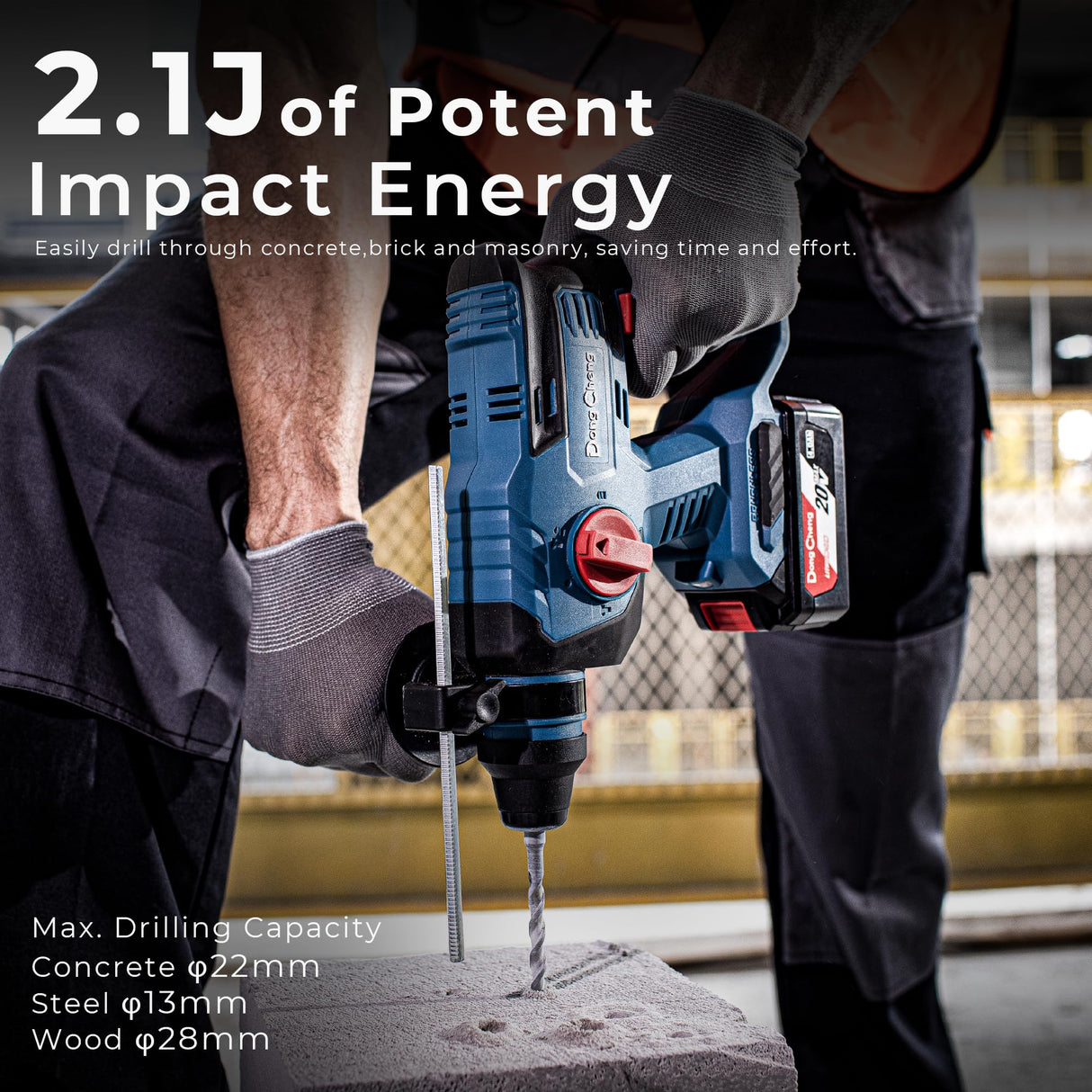 DongCheng 20V Max Brushless Rotary Hammer Drill Kit,4.0Ah Battery & Charger,7/8" SDS-Plus,2.1J Impact Energy, Cordless Demolition drill for Concrete1400RPM, 4 Application Modes,360° Adjustable Handle Dong Cheng