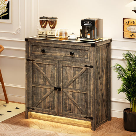 TAGELIER Buffet Sideboard Cabinet with Storage,Farmhouse Coffee Bar Cabinet with Drawers and Shelves,Buffet Cabinet with LED Lights for Kitchen,Living Room,Dinning,Brown TAGELIER