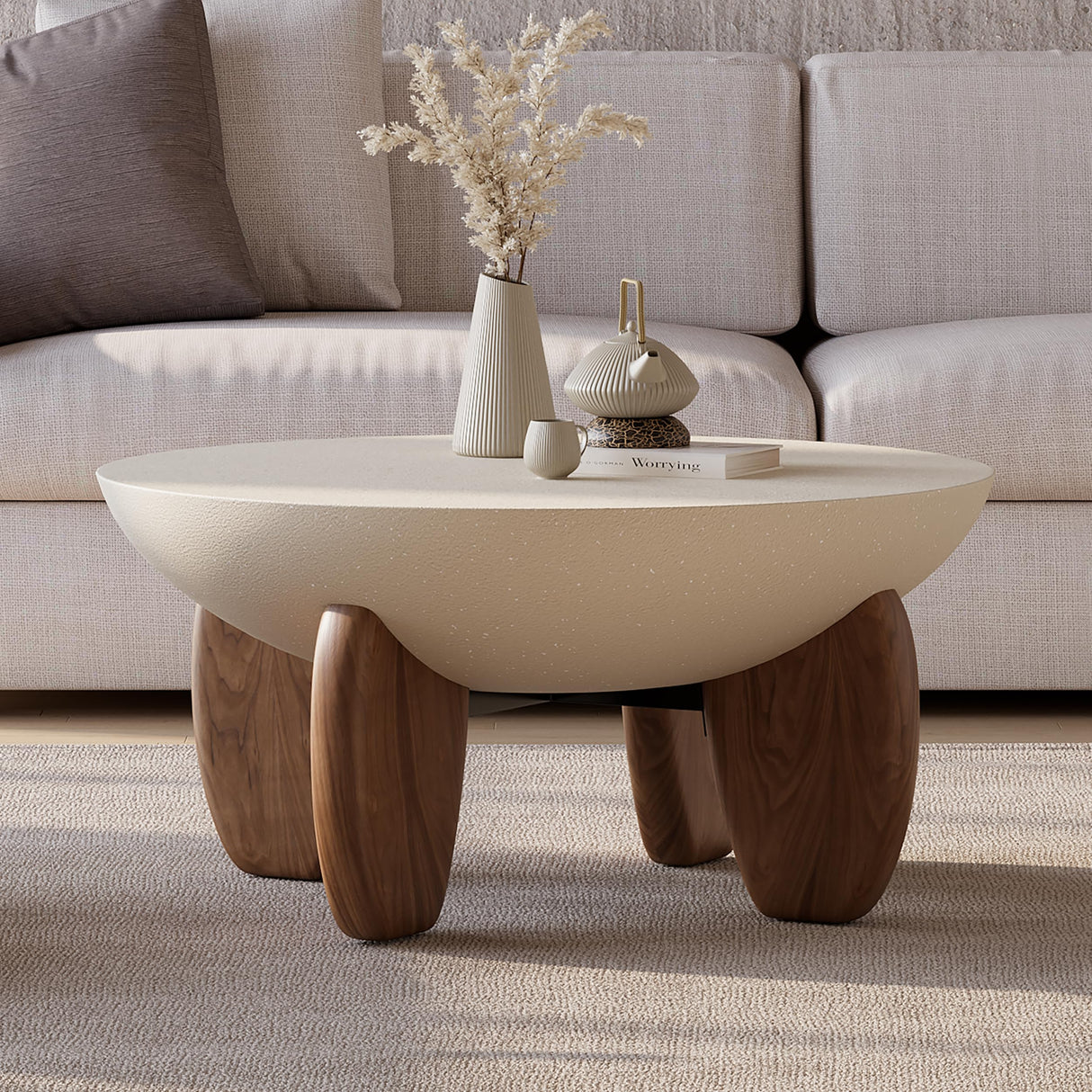 homary Round Concrete Coffee Table with Premium Walnut Ash Wood Legs, Modern Minimalist Cement Finish Center Table for Living Room homary