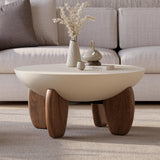homary Round Concrete Coffee Table with Premium Walnut Ash Wood Legs, Modern Minimalist Cement Finish Center Table for Living Room homary