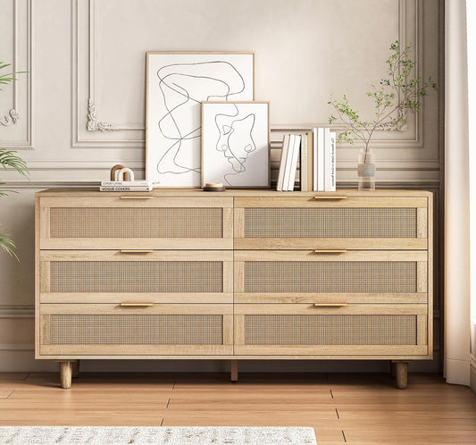 6 Drawer Double Dresser for Bedroom,Natural Rattan Modern Drawer Chest,Wooden Storage Wardrobe Dresser with Gold Handles,Floor Standing Storage Cabinet, for Entrance,Living Room,Hallway-Natural