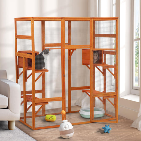 Catio Outdoor Cat Enclosure, Large Wood Cat Cage with Sunlight Top Panel, Perches, Sleeping Boxes, Wooden Cat Cage Condo Indoor Playpen, 62.6" L x 32.2" W x 70" H (Orange, Extra Large) GIYZOKNI