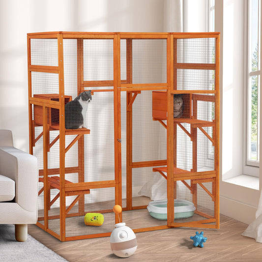 Catio Outdoor Cat Enclosure, Large Wood Cat Cage with Sunlight Top Panel, Perches, Sleeping Boxes, Wooden Cat Cage Condo Indoor Playpen, 62.6" L x 32.2" W x 70" H (Orange, Extra Large)