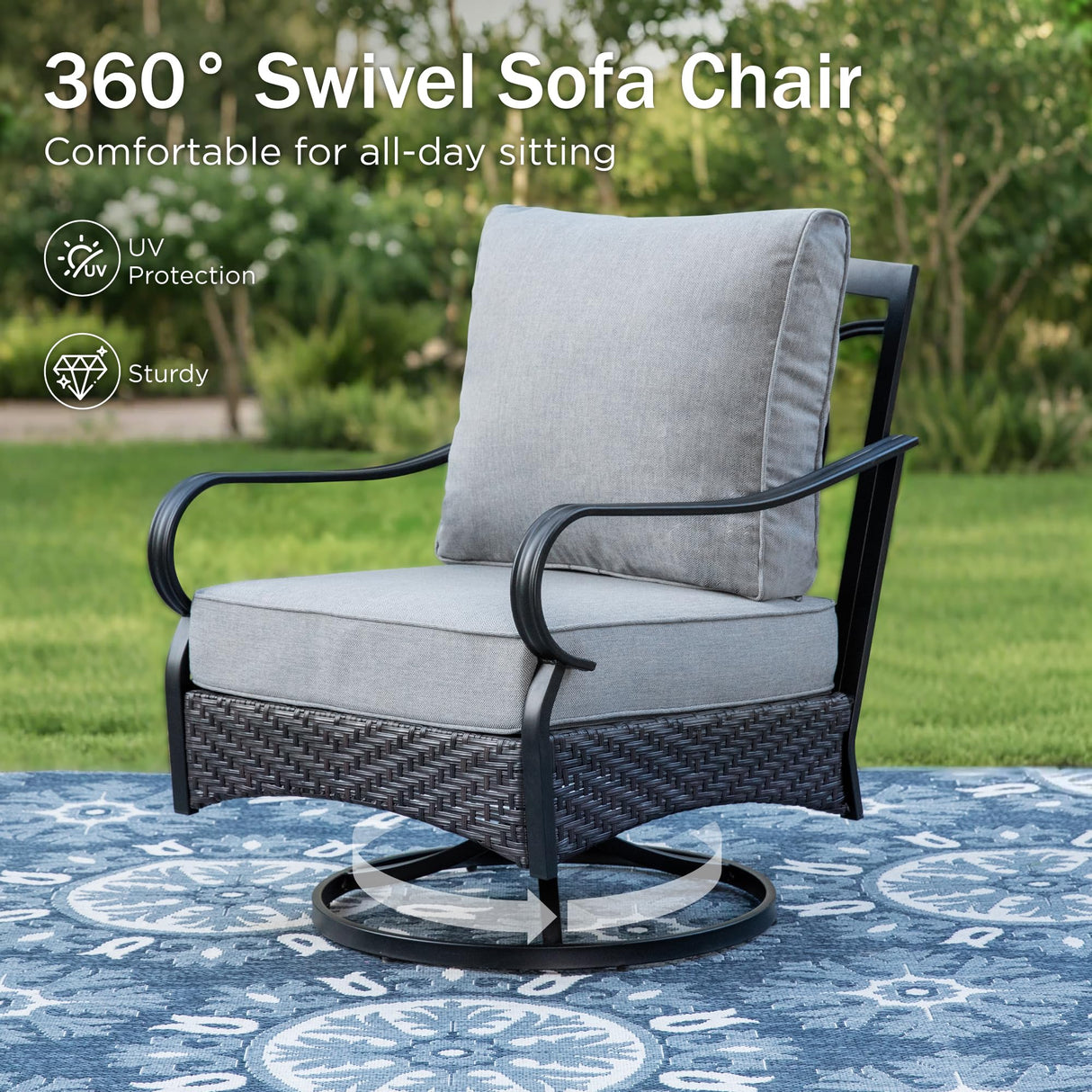 PHI VILLA Outdoor Modern Patio Furniture Set, Upgraded Wicker&Metal Patio Furniture Conversation Set with Waterproof Thick Cushions for Porch, Poolside, Deck, and Yard (5 Pieces,Grey) PHI VILLA