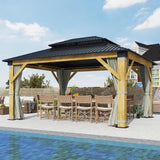 GARTOO 13’x15’ Patio Wooden Gazebo, Galvanized Steel Roof Gazebo with Olive Green Curtains and Netting, Double Vented Roof Hardtop Gazebo for Garden, Porch, Lawn, Poolside, Backyard GARTOO