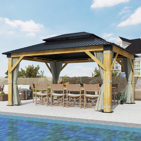 GARTOO 13’x15’ Patio Wooden Gazebo, Galvanized Steel Roof Gazebo with Olive Green Curtains and Netting, Double Vented Roof Hardtop Gazebo for Garden, Porch, Lawn, Poolside, Backyard GARTOO