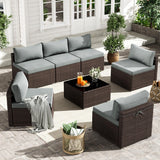 7 Piece Patio Furniture Set, Outdoor Wicker Patio Sofa Set, PE Rattan Sectional Couch with Glass Table and Grey Cushions, All-Weather 7 Piece Outdoor Patio Furniture Sets, Brown Tradare