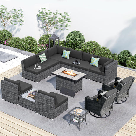 HOOOWOOO Patio Outdoor Sectional Furniture Sofa Set with Fire Pit Table,13 Piece L Shaped Wicker Couch Set with Swivel Chairs,Modern 10 Persons Summer Patio Conversation Set(Black) HOOOWOOO