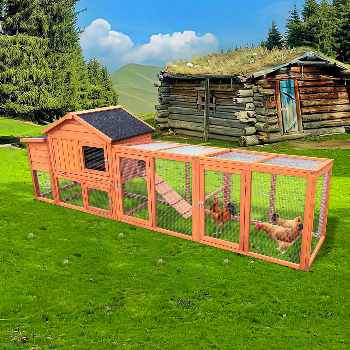 ZMAD Large Chicken Coop with Run, Wooden Hen House for 2-5 Chickens, Outdoor Chicken Run Poultry Cage Rabbit Cage Duck House with Nesting Box (Red) ZMAD