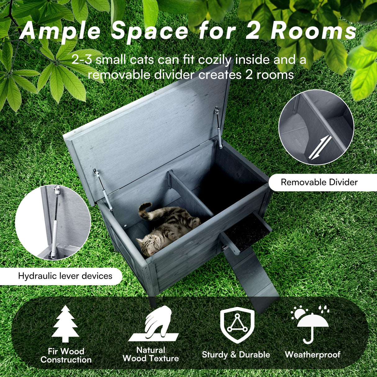 BRIOPAWS Outdoor-Cat-House-Insulated | Feral-Cat-Shelter for Summer | Weatherproof | Large Wooden Pet House for Multiple Cats | Foldable Ladder | Acrylic Side Window | Grey BRIOPAWS