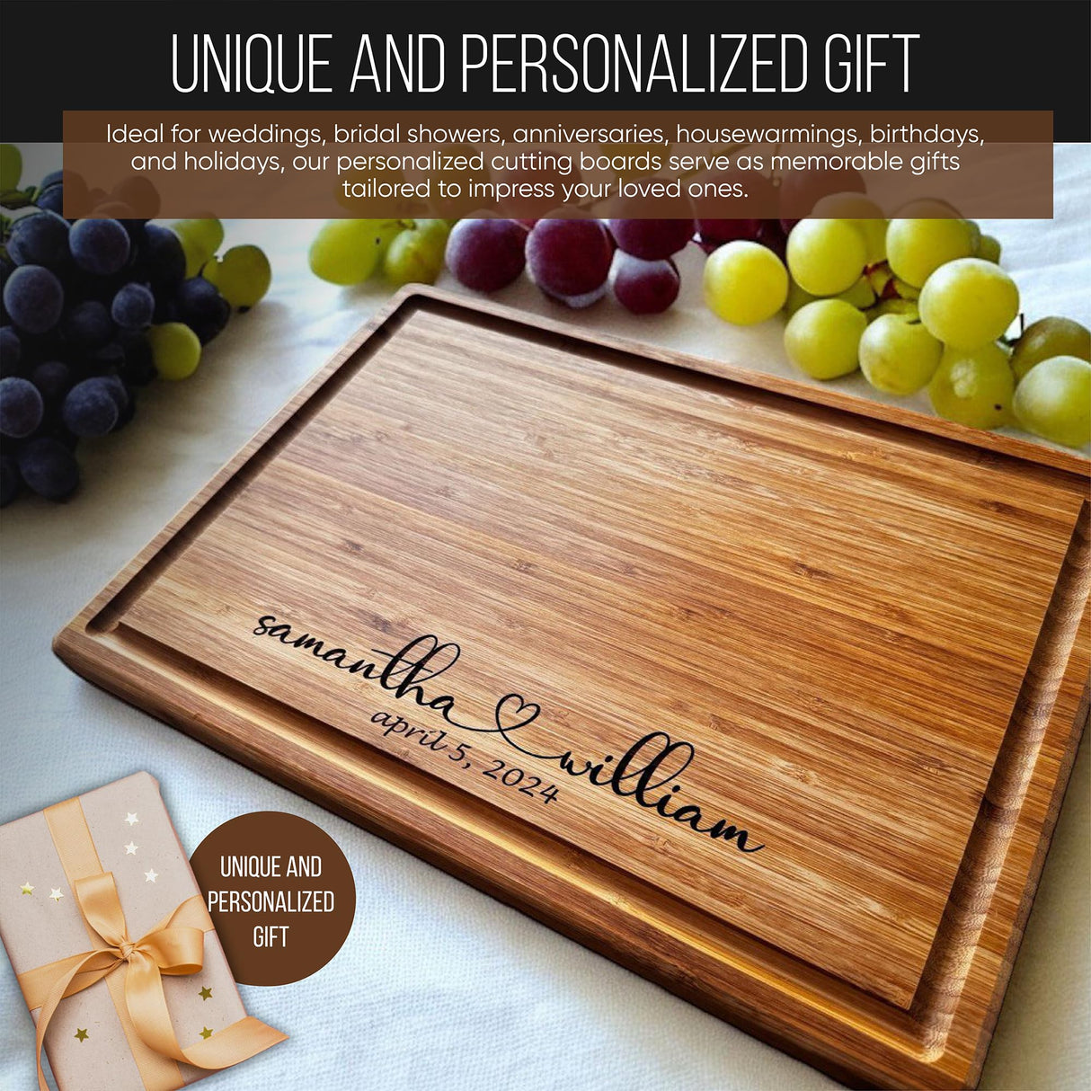 Handmade Personalized Cutting Board - Natural Bamboo Engraved Charcuterie Boards - Best Present for Wedding, Bridal Shower, Engagement, Birthday - Custom Engraved Chopping Block (Personalized) Taniri
