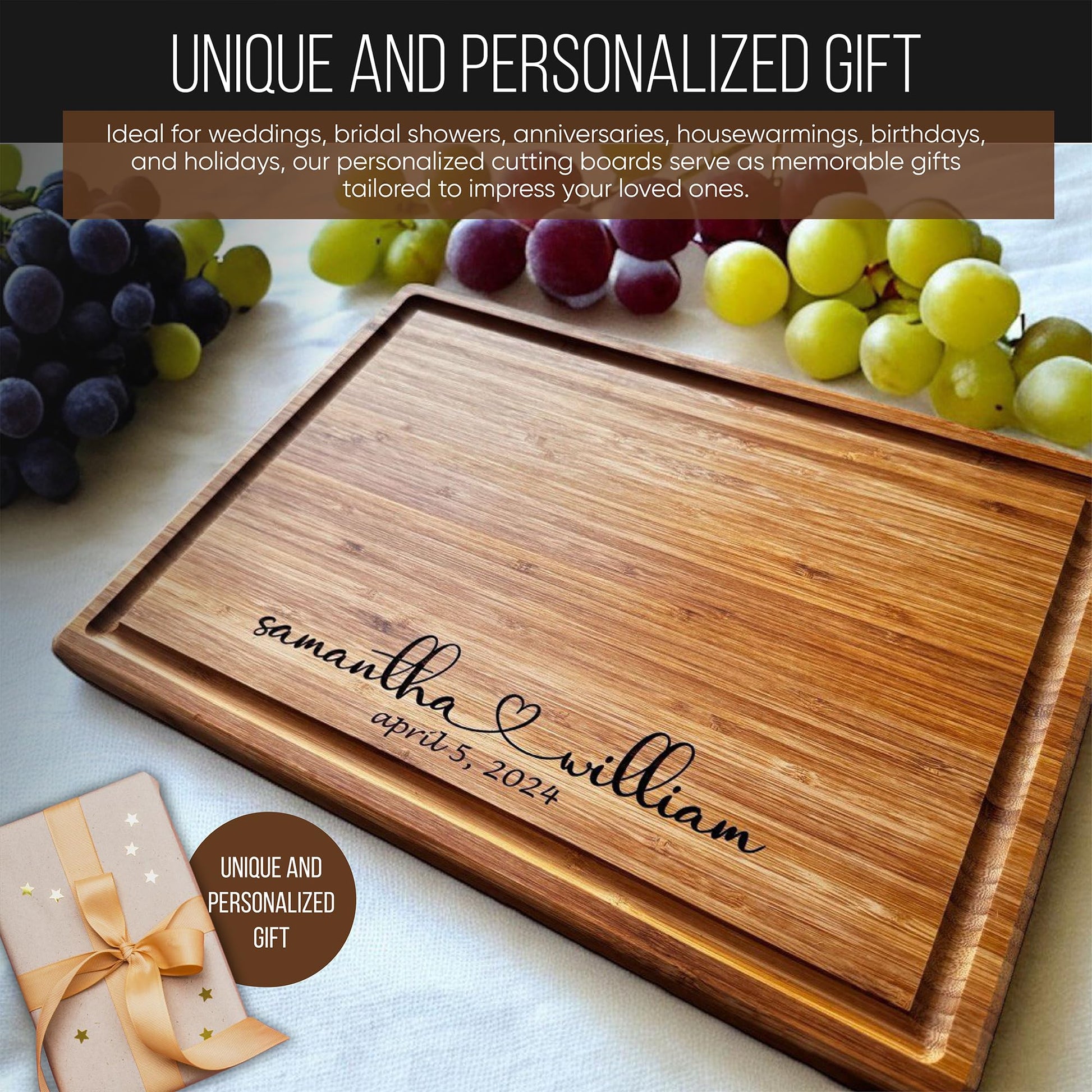 Handmade Personalized Cutting Board - Natural Bamboo Engraved Charcuterie Boards - Best Present for Wedding, Bridal Shower, Engagement, Birthday - Custom Engraved Chopping Block (Personalized - WoodArtSupply