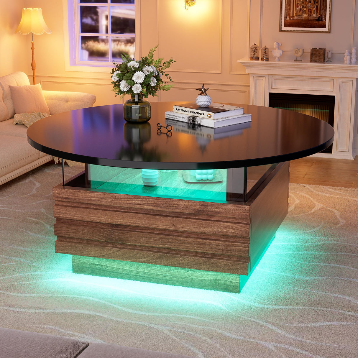 PAKASEPT 31.5" Black Round Coffee Table with LED Light, Modern LED Coffee Tables with 2 Sliding Drawers, Wood Center Table for Reception Home Dining Room PAKASEPT