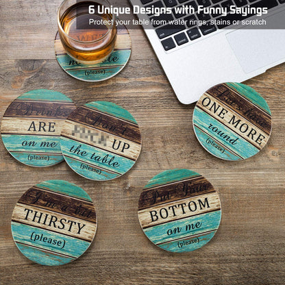 Ceramic Coasters for Drinks Absorbent, Esur Rustic Farmhouse Stone Coaster Set of 6 with Metal Holder for Wooden Table Protection, Funny Style for Bar Home Decor, Housewarming Gift - WoodArtSupply