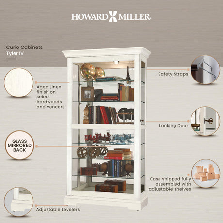 Howard Miller Tyler IV Curio Cabinet – White Finish Sliding Door Glass Display, Mirrored Back, Built-in Lighting, 6 Adjustable Shelves, Lockable Door for Collectibles in Modern Home Décor Howard Miller