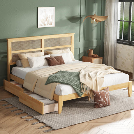 Ball & Cast King Size Platform Bed Frame with Two Storage Drawers,Rattan Headboard and Support Salts & Feet,Rubber Wood Bed with Underbed Storage Space,for Bedroom,Guest Room,Living Room,White Oak Ball & Cast