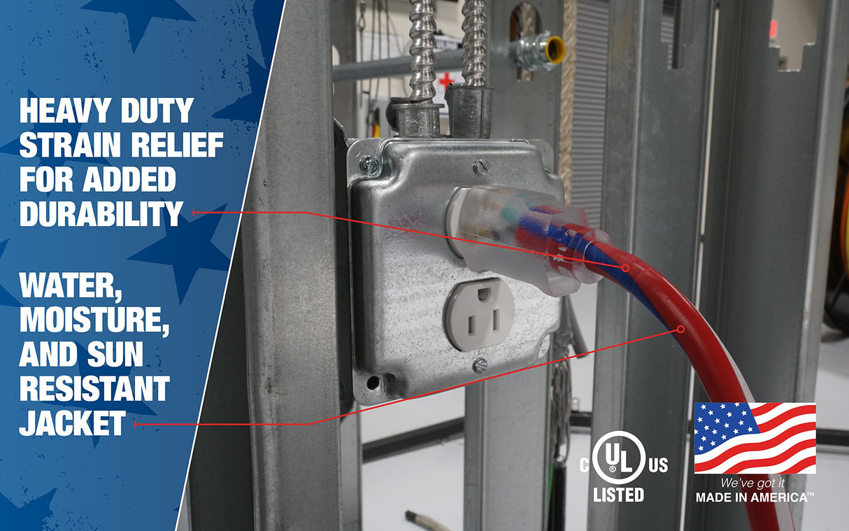 Southwire Heavy Duty Extension Cord, 100Ft, 12 Gauge, 3 Conductor, Water Resistant Flexible Jacket, SJTW, Red/White/Blue, 2549SWUSA1 Southwire