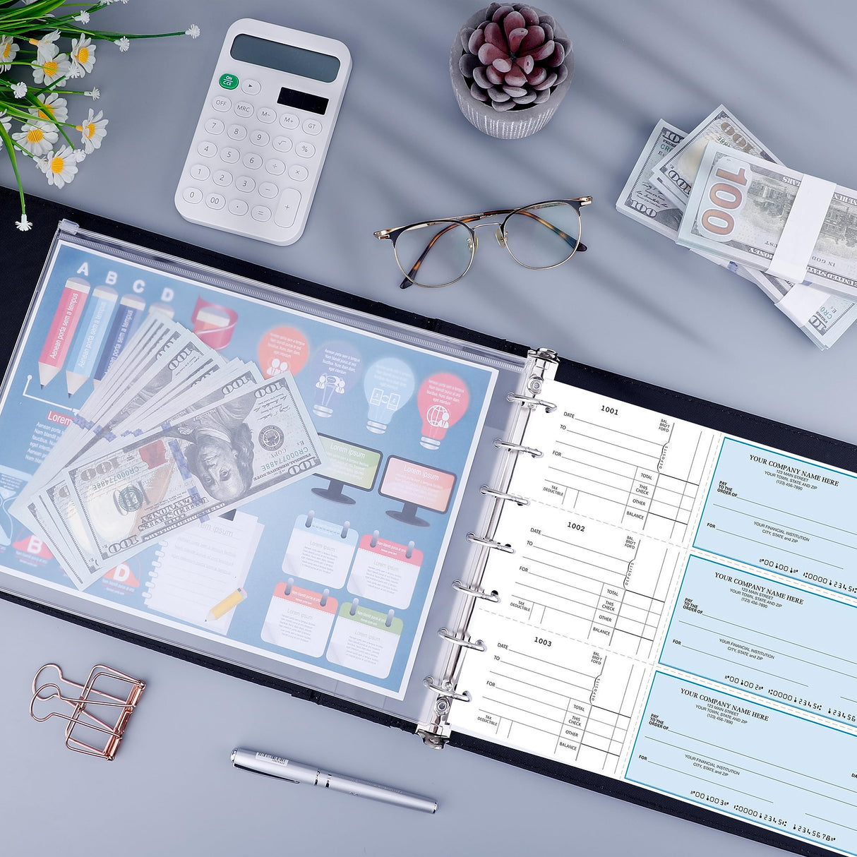 Antner 7 Ring Business Checkbook Binder for Business Checks, 600 Checks Capacity, PU Leather Check Binder with Zipper Pouch, Executive Check Book Binder Holder Portfolio for 9 x 13 Sheets, Black Antner