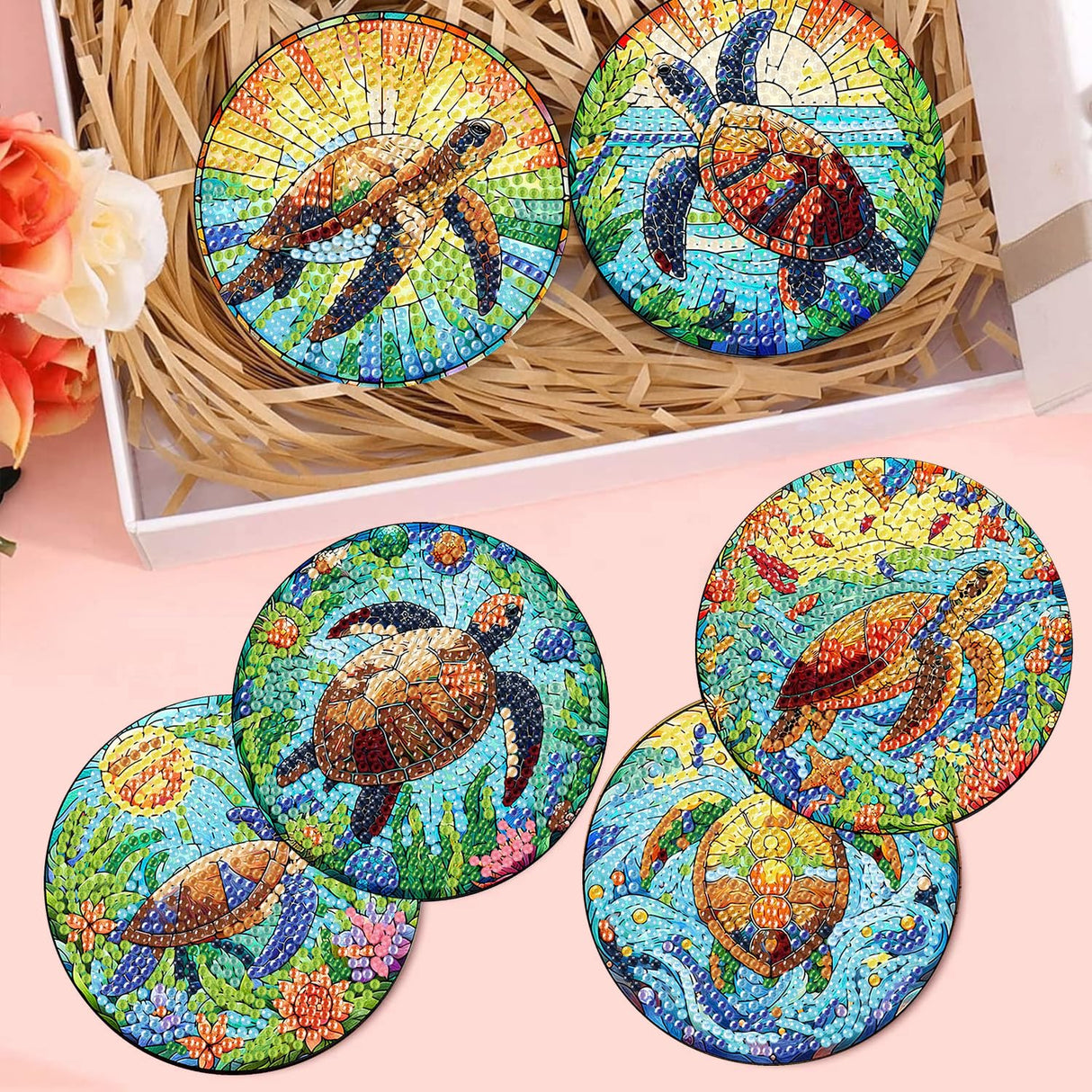 8 Pieces Diamond Art Painting Coasters Kit, Sea Turtle Diamond Art Coaster, DIY Diamonds Craft Kits for Adults and Beginners (Turtle Style) croshom