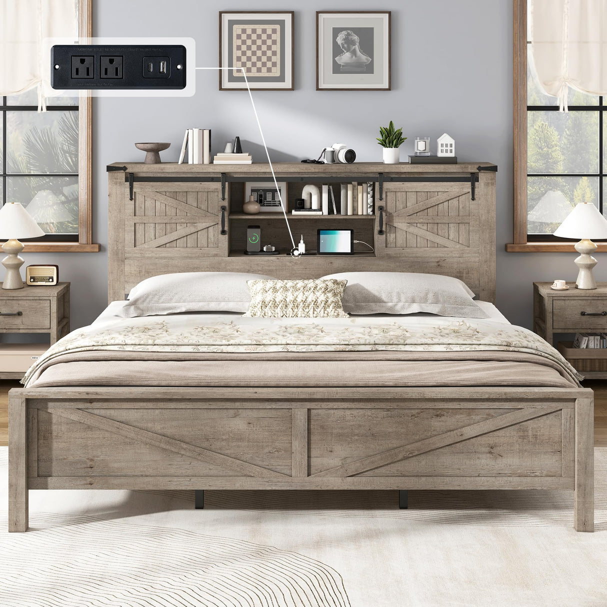 AMERLIFE Farmhouse King Bed Frame, Rustic Wood Platform Bed w/Barn Door Storage Bookcase Headboard & Charging Station, Bedroom Furniture, No Box Spring Needed, Light Grey AMERLIFE