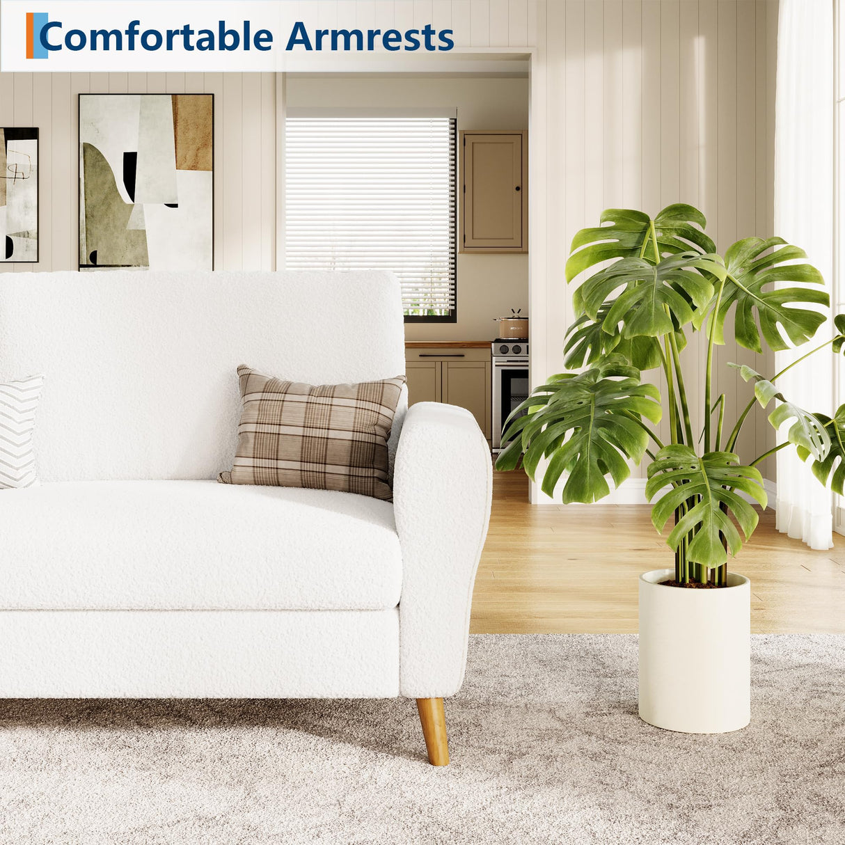 IDEALHOUSE 84 Inch Modern Sofa Couch, Large 3-Seater Sofa with Streamlined Armrests, Boucle Loveseat Wood Feet, Comfy Couch for Living Room, Apartment, Lounge, Beige IDEALHOUSE