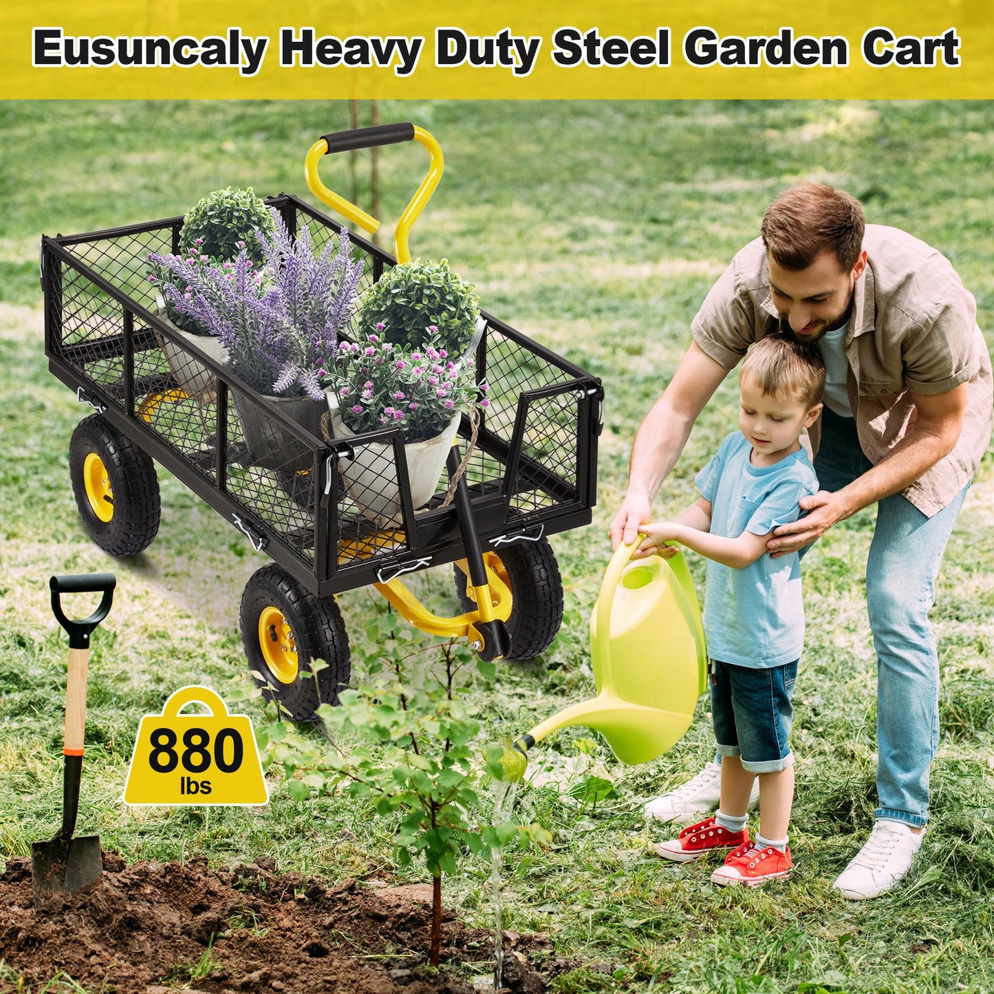 Eusuncaly Steel Garden Cart with Removable Sides, 880LBS Heavy Duty Utility Wagon Cart with Huge Pneumatic All Terrain Tires, Wagon Cart with 180°Adjustable Handle for Garden,Farm,Yard,Black - WoodArtSupply